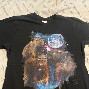 Black T-Shirt with Capybara and Moon Design Small